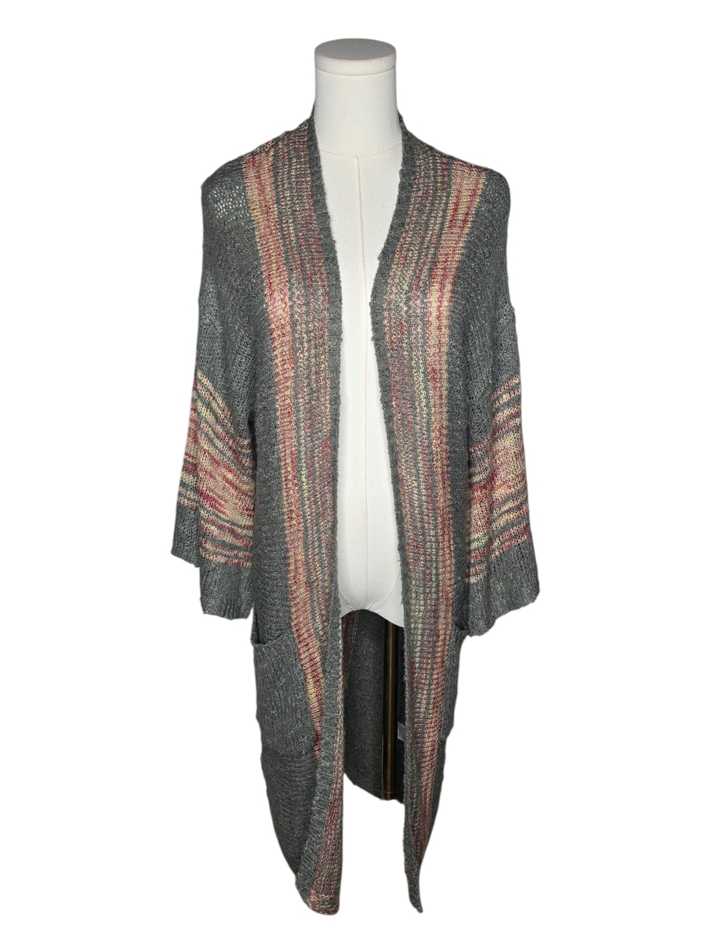 Easel Gray Multicolor Knit Open Front Cardigan Bell Sleeve S/M Layer